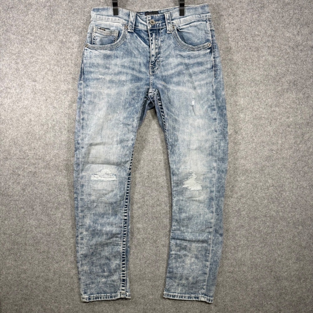 Buckle Black Straight Leg Jeans Womens 32S Blue Acid Wash Distressed BBLA383